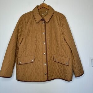 Chicos Quilted Barn Jacket Camel Faux Leather Trim Gold Snap Buttons 2XL